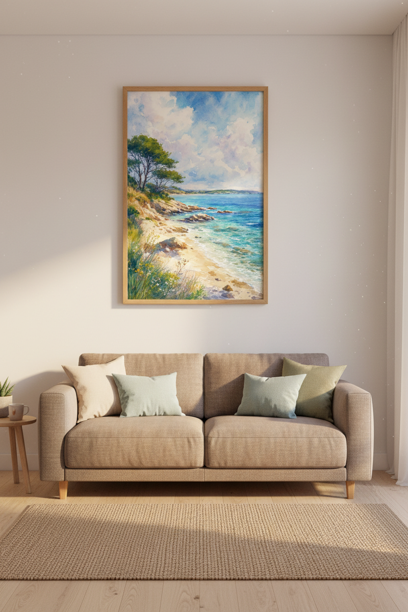 Coastal Landscape Watercolor Print | Blue Ocean Beach Decor | Summer Seascape Poster