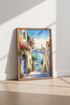 Mediterranean Coastal Village Watercolor | Italian Travel Wall Art, Pink Bougainvillea