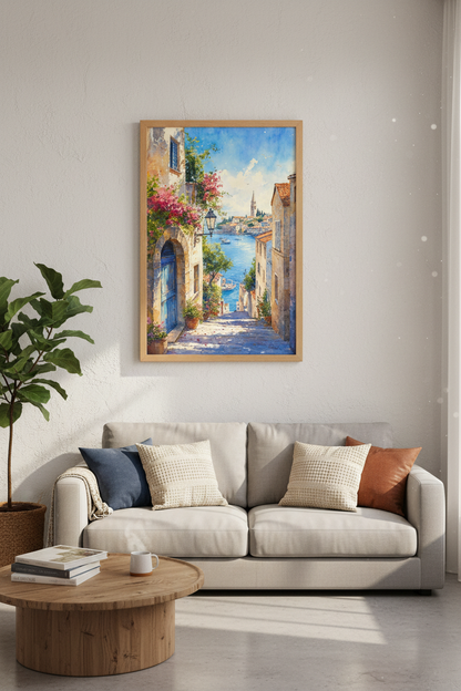 Mediterranean Coastal Village Watercolor | Italian Travel Wall Art, Pink Bougainvillea