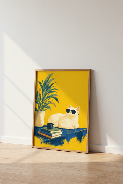 Cool Cat with Sunglasses | Yellow Aesthetic Art Print, Modern Home Office Decor