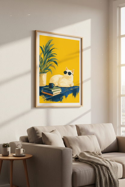 Cool Cat with Sunglasses | Yellow Aesthetic Art Print, Modern Home Office Decor