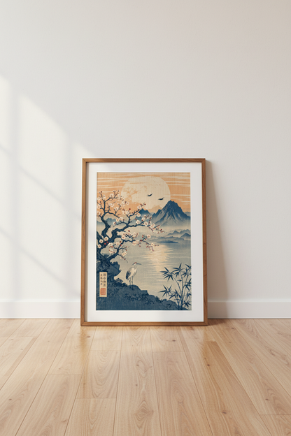 Japanese Crane Blossom Art | Ukiyo-e Landscape, Living Room Decor