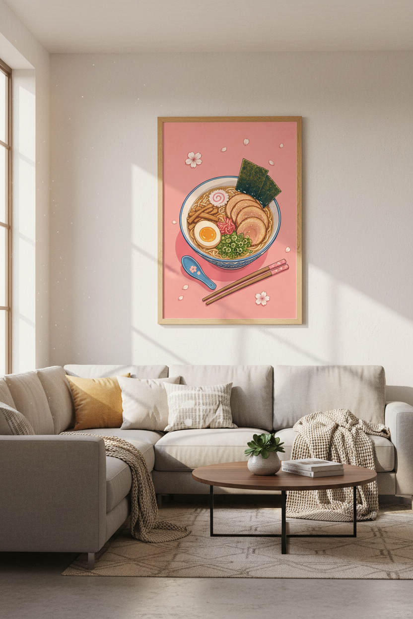 Japanese Ramen Bowl Art | Pastel Pink Anime Style, Kitchen &amp; Dining Decor
