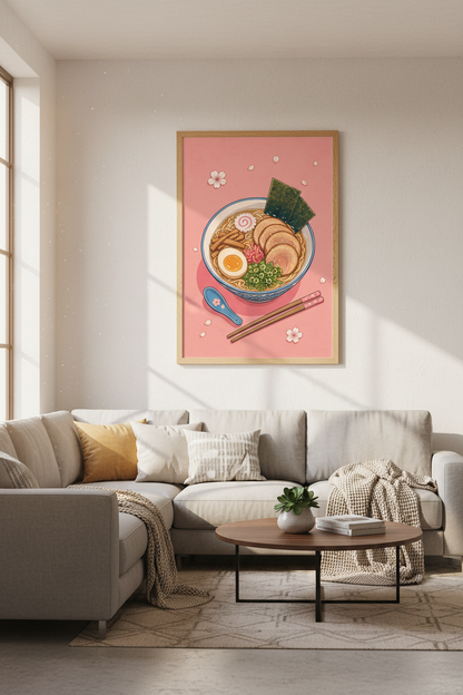 Japanese Ramen Bowl Art | Pastel Pink Anime Style, Kitchen &amp; Dining Decor
