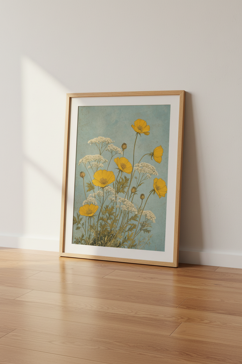 Vintage Yellow Wildflower Botanical Art | Blue Floral Wall Decor | Cottagecore Poster