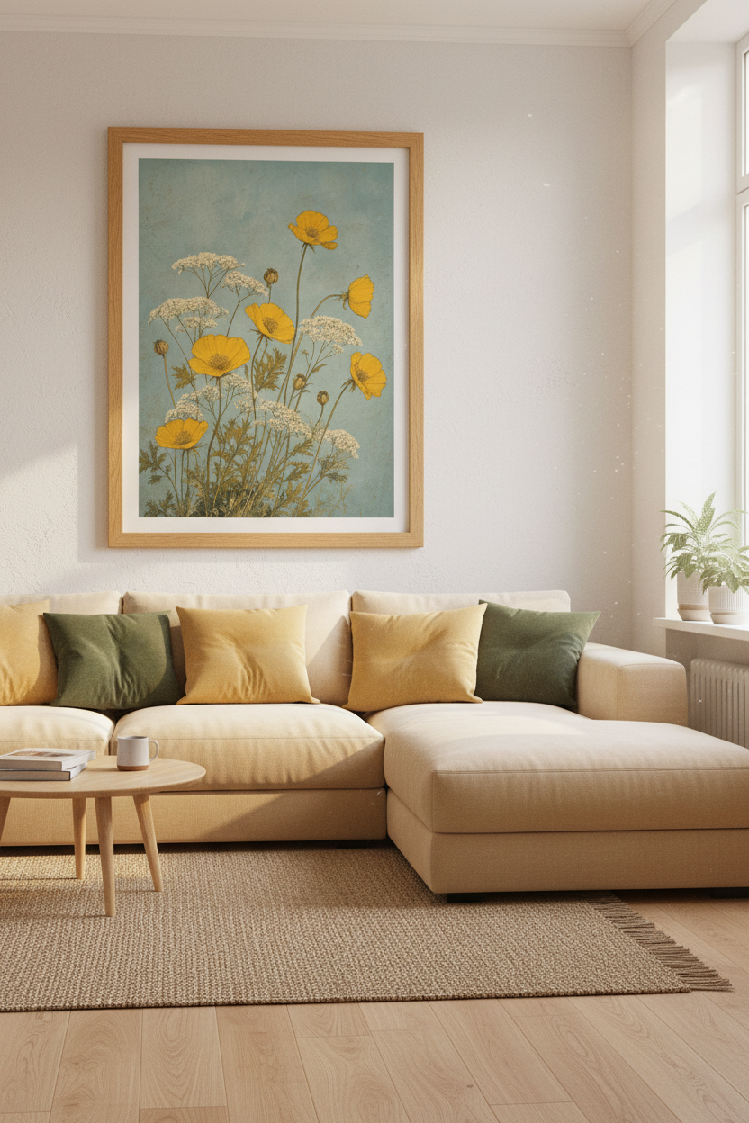 Vintage Yellow Wildflower Botanical Art | Blue Floral Wall Decor | Cottagecore Poster
