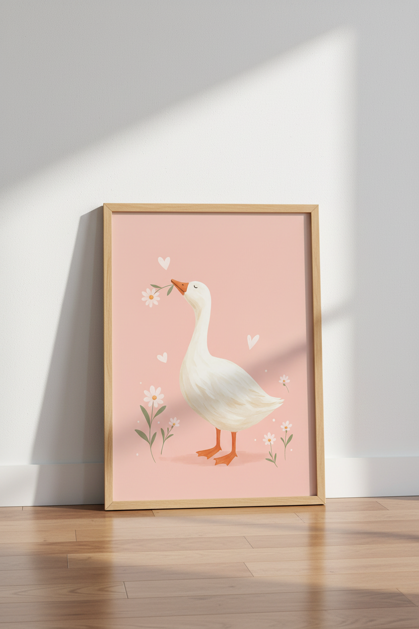 Cute Goose with Flowers Wall Art | Pink Nursery Decor | Whimsical Cottagecore Poster