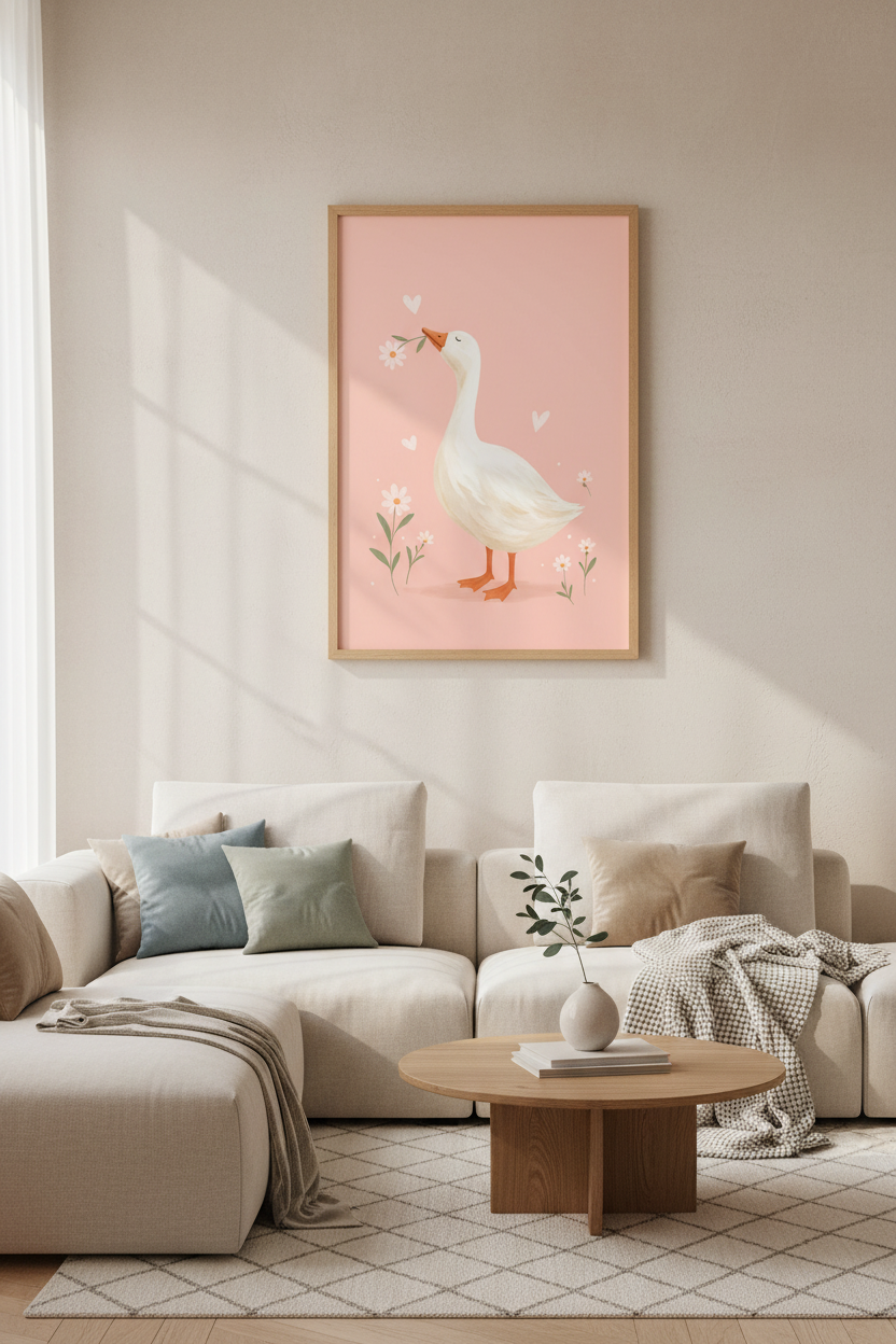 Cute Goose with Flowers Wall Art | Pink Nursery Decor | Whimsical Cottagecore Poster