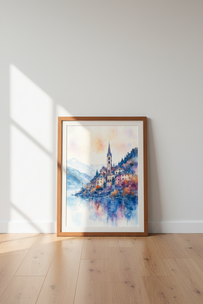 Lake Village Watercolor Art | European Mountain Landscape, Living Room Decor