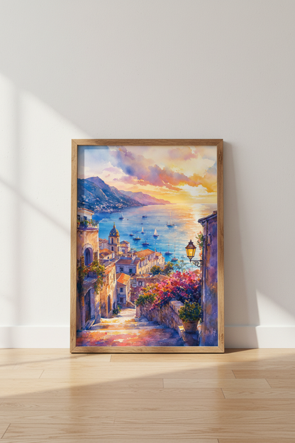 Amalfi Coast Italy Watercolor Print | Sunset Coastal Wall Art | Mediterranean Decor