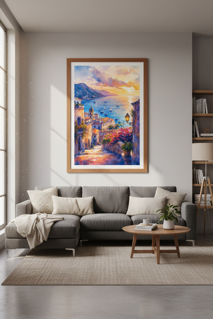 Amalfi Coast Italy Watercolor Print | Sunset Coastal Wall Art | Mediterranean Decor