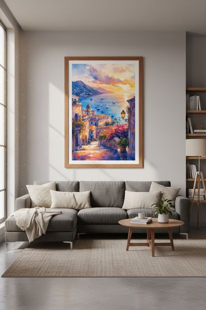 Amalfi Coast Italy Watercolor Print | Sunset Coastal Wall Art | Mediterranean Decor