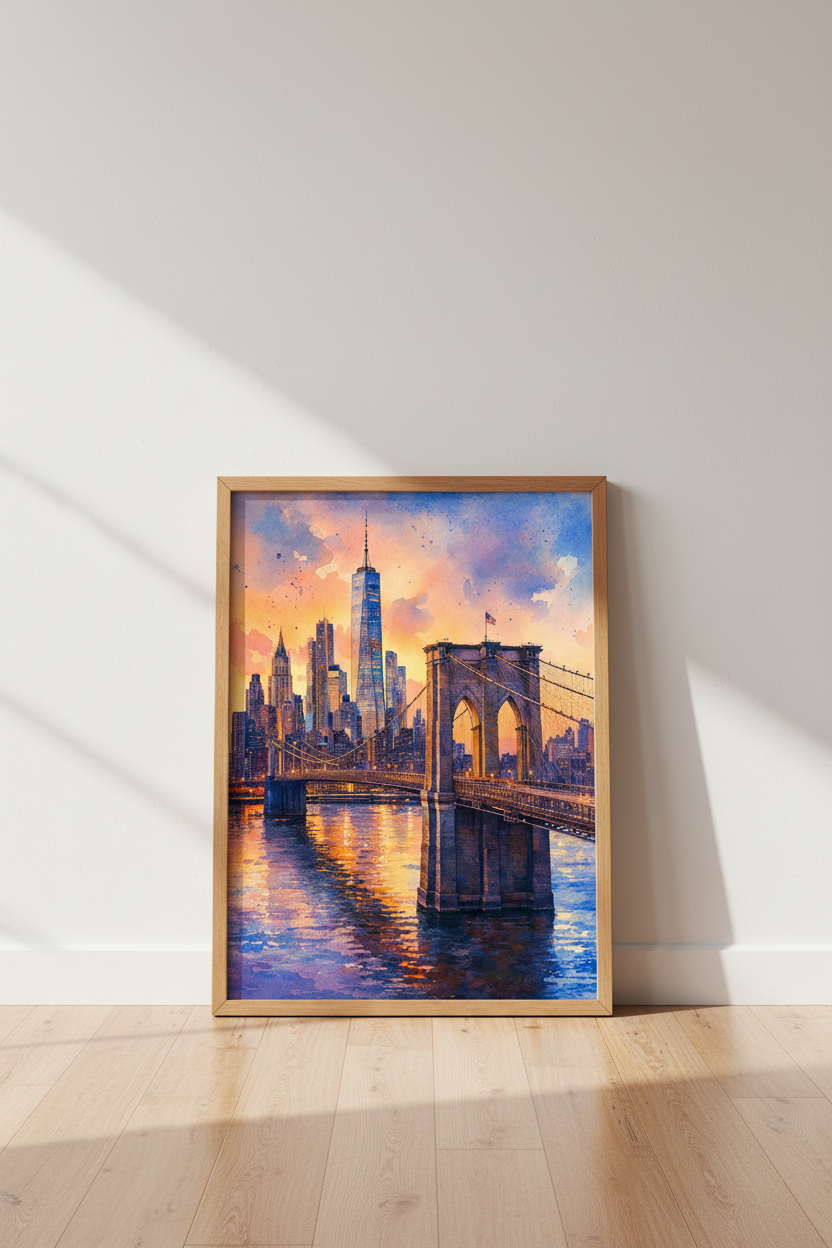 NYC Skyline Watercolor | Brooklyn Bridge Sunset Wall Art, Modern Home Decor