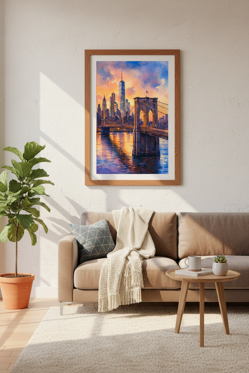 NYC Skyline Watercolor | Brooklyn Bridge Sunset Wall Art, Modern Home Decor
