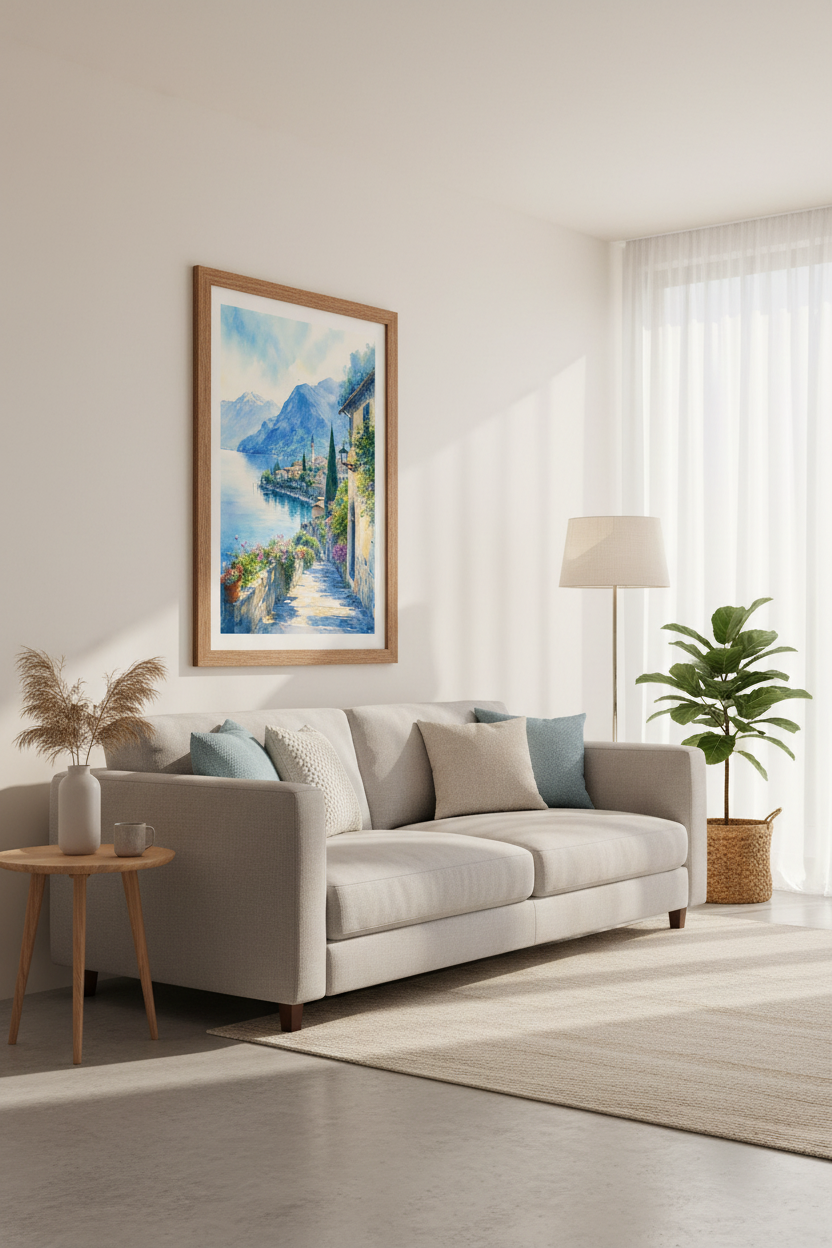 Lake Como Watercolor Art | Italian Village Landscape, Mediterranean Wall Decor