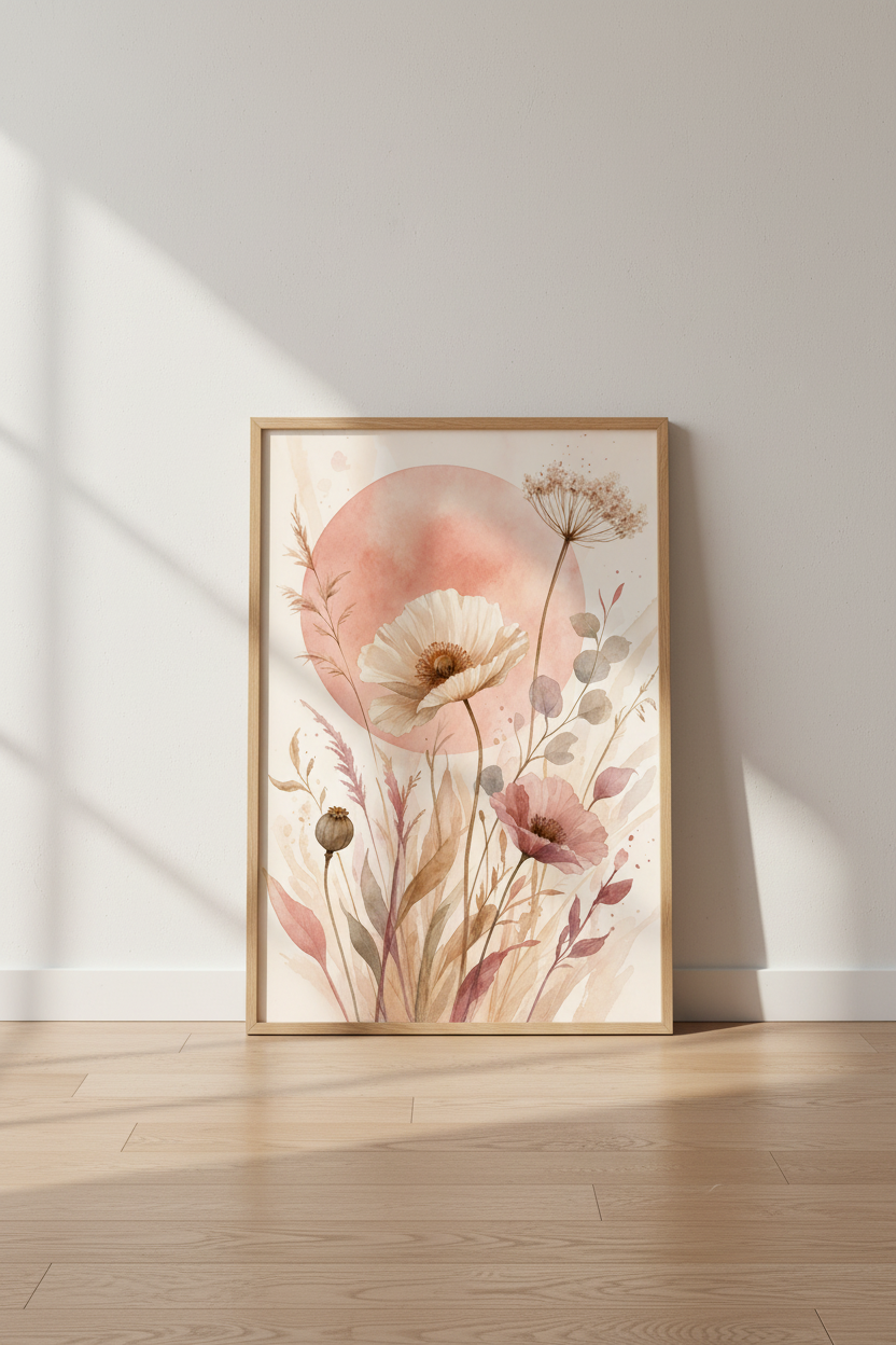 Wildflower Watercolor Print | Terracotta Sun Boho Wall Art, Bedroom Flower Decor