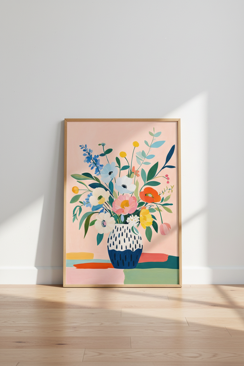 Floral Bouquet in Vase Wall Art | Colorful Botanical Print, Modern Boho Decor