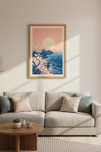 Japanese Coastal Landscape | Pink Cherry Blossom &amp; Sun, Zen Living Room Decor