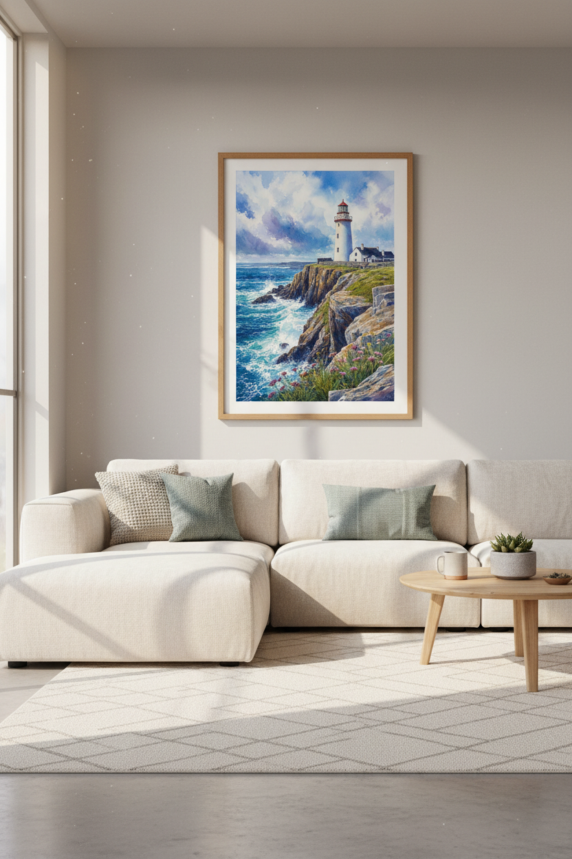 Lighthouse Watercolor Wall Art Print | Nautical Coastal Decor | Blue Seascape Poster
