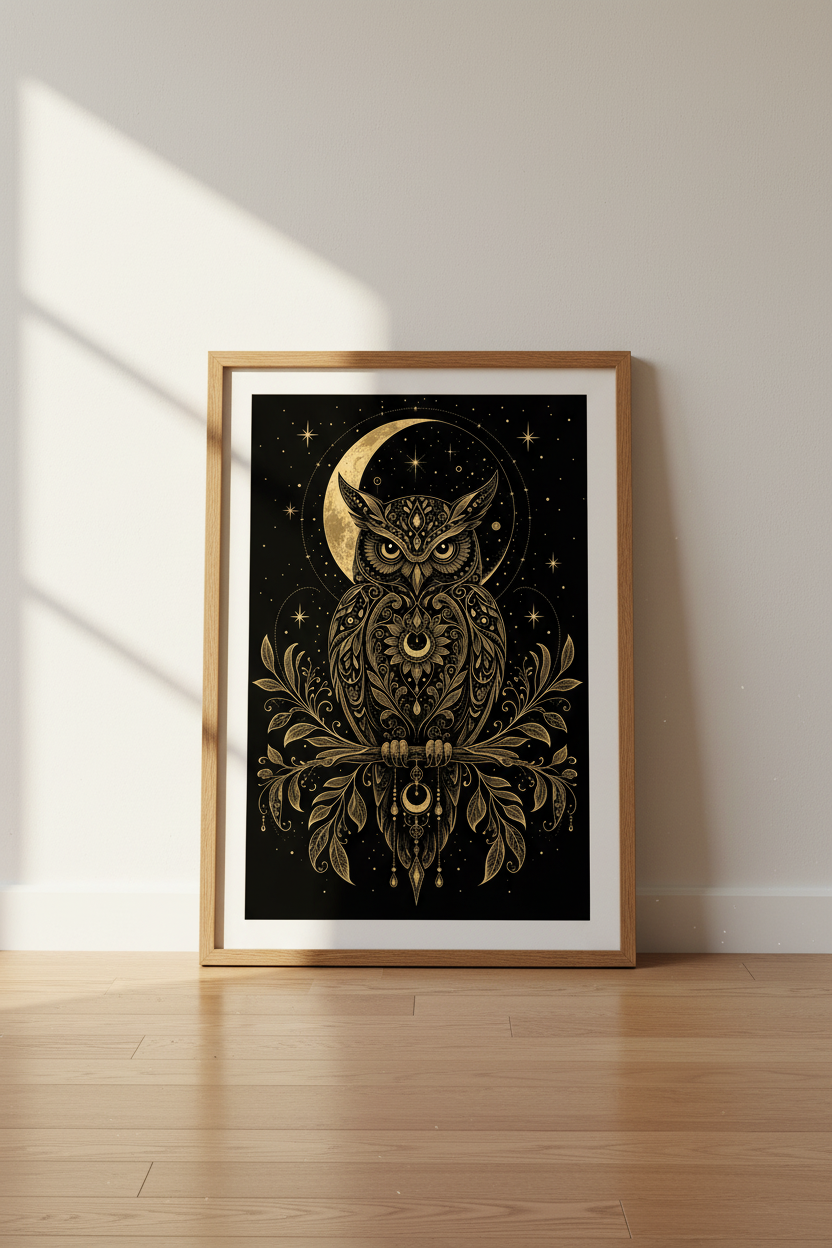 Celestial Owl Wall Art | Mystical Gold &amp; Black Moon Poster | Dark Academia Decor