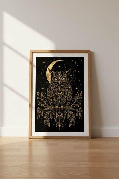 Celestial Owl Wall Art | Mystical Gold &amp; Black Moon Poster | Dark Academia Decor