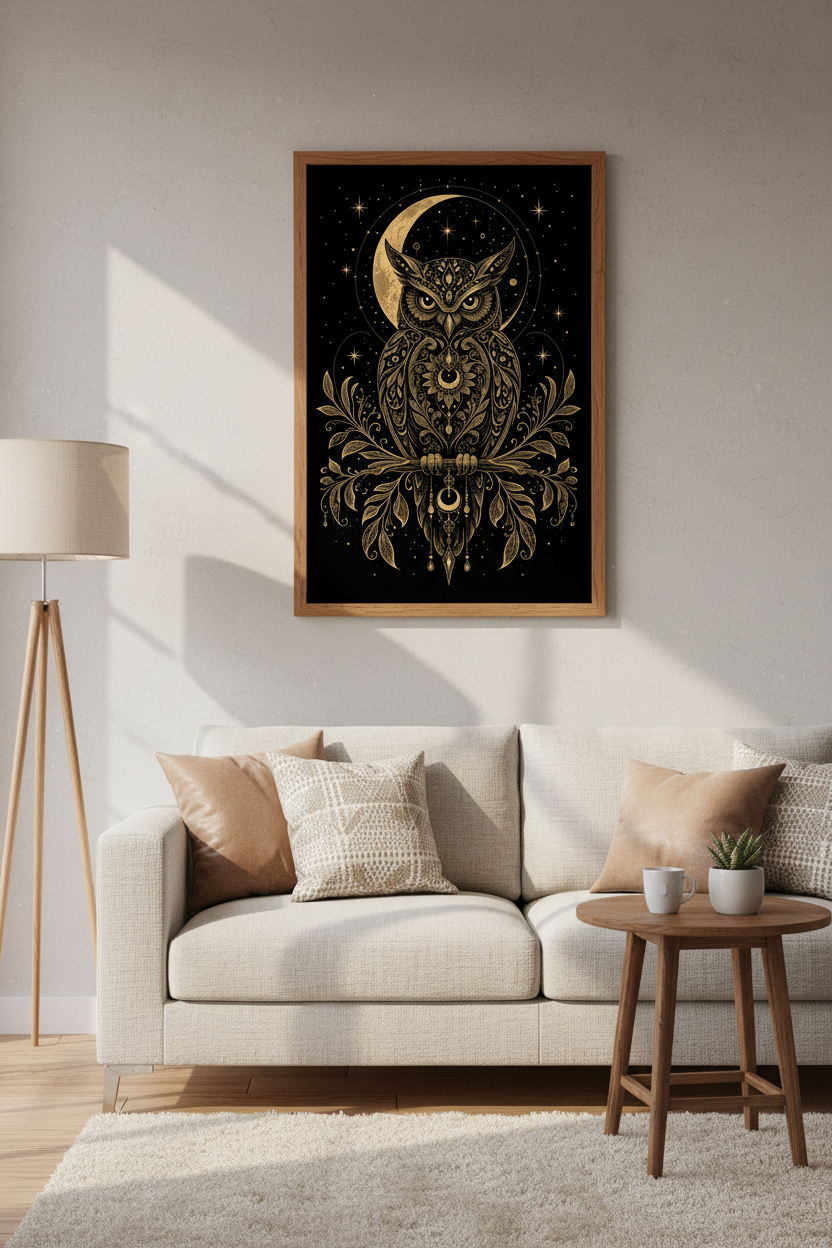 Celestial Owl Wall Art | Mystical Gold &amp; Black Moon Poster | Dark Academia Decor
