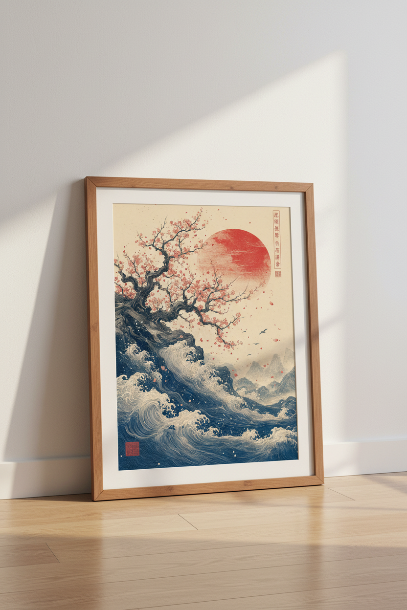 Japanese Cherry Blossom &amp; Great Wave Wall Art | Ukiyo-e Red Sun Poster | Zen Home Decor