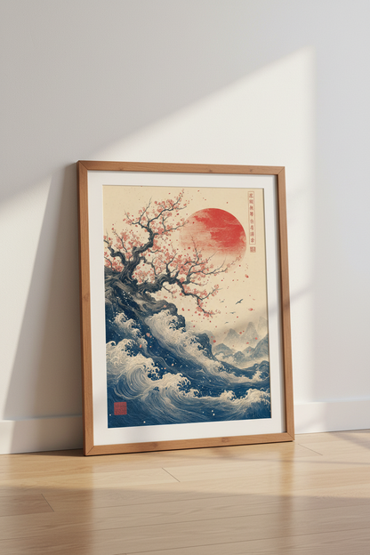 Japanese Cherry Blossom &amp; Great Wave Wall Art | Ukiyo-e Red Sun Poster | Zen Home Decor