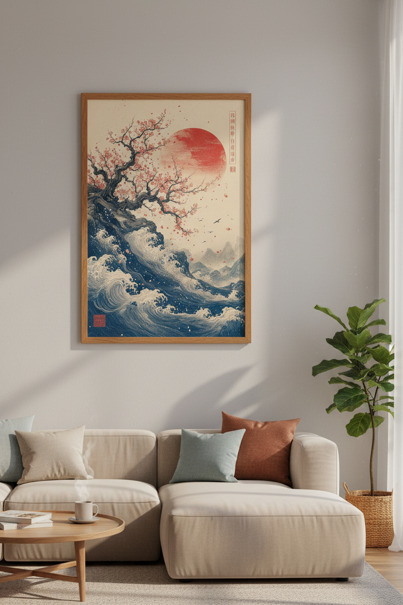 Japanese Cherry Blossom &amp; Great Wave Wall Art | Ukiyo-e Red Sun Poster | Zen Home Decor