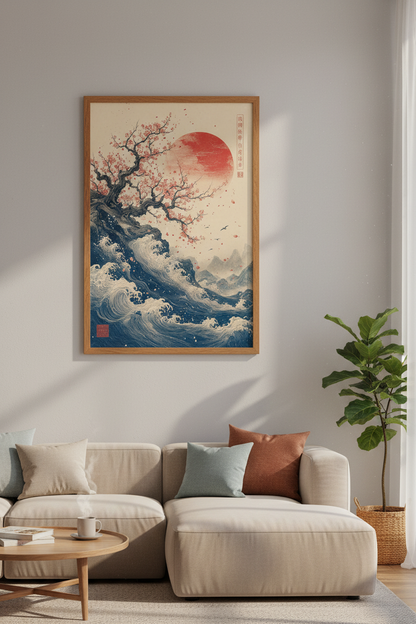Japanese Cherry Blossom &amp; Great Wave Wall Art | Ukiyo-e Red Sun Poster | Zen Home Decor