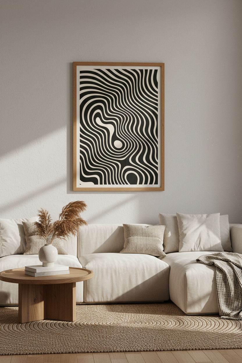 Abstract Wavy Line Art Print | Black &amp; Cream Modern Decor | Minimalist Poster