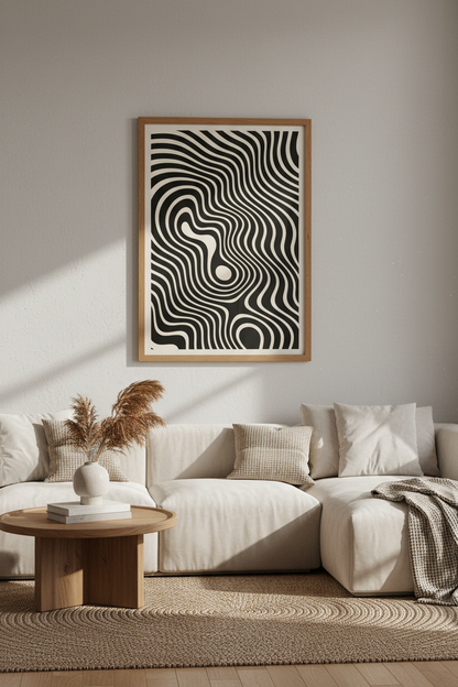 Abstract Wavy Line Art Print | Black &amp; Cream Modern Decor | Minimalist Poster