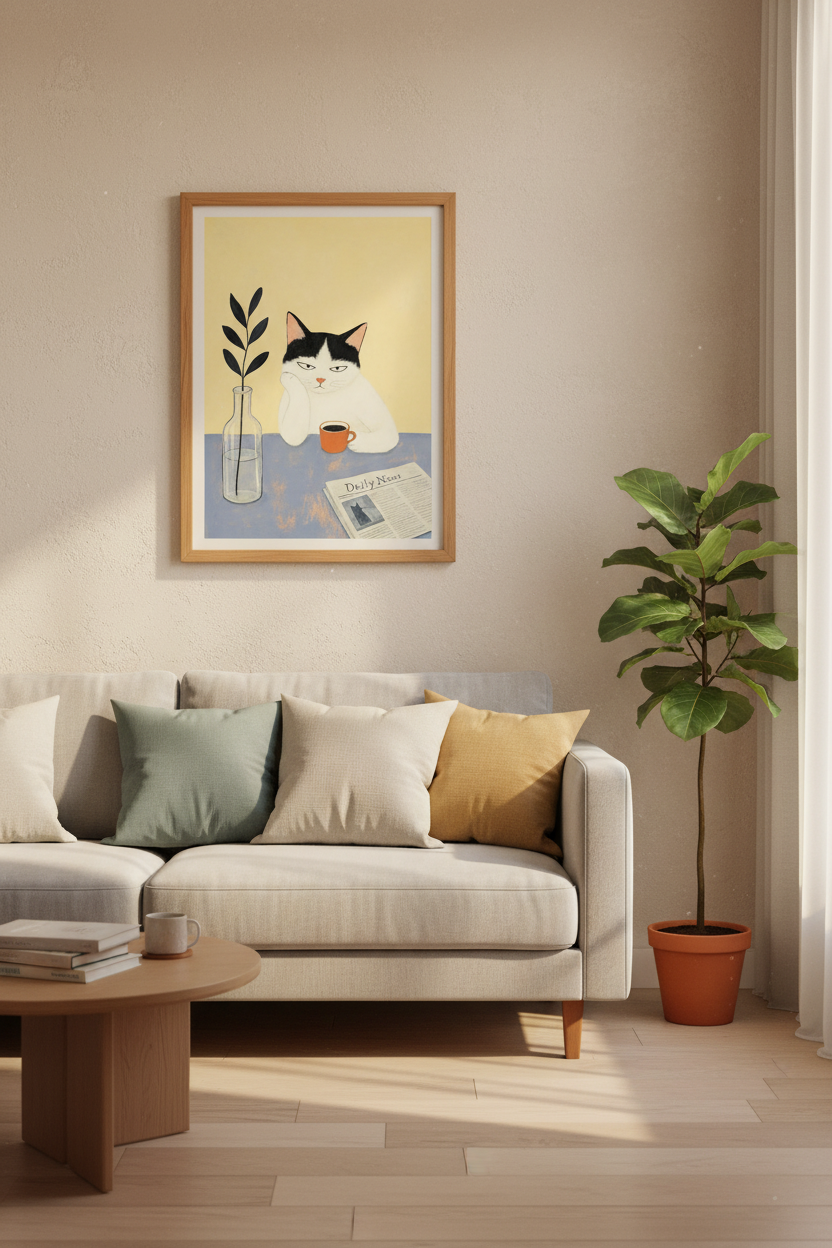 Grumpy Tuxedo Cat | Coffee &amp; News Illustration, Kitchen &amp; Office Wall Decor
