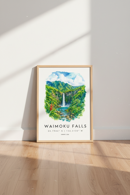 Waimoku Falls Hawaii Art Print | Maui Waterfall Decor | Tropical Watercolor Poster