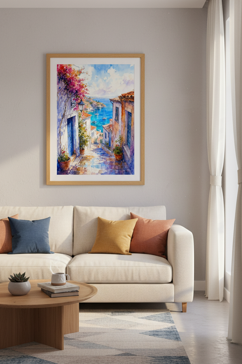 Coastal Village Watercolor | Mediterranean Blue Sea Art Print, Greek Decor Poster