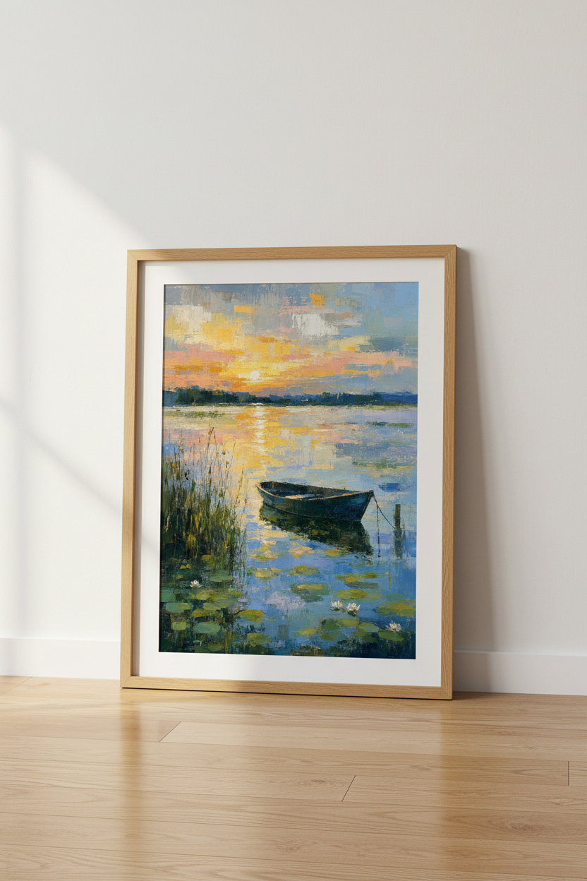 Abstract Sunset Boat Wall Art | Gold &amp; Blue Lake Decor | Impressionist Poster