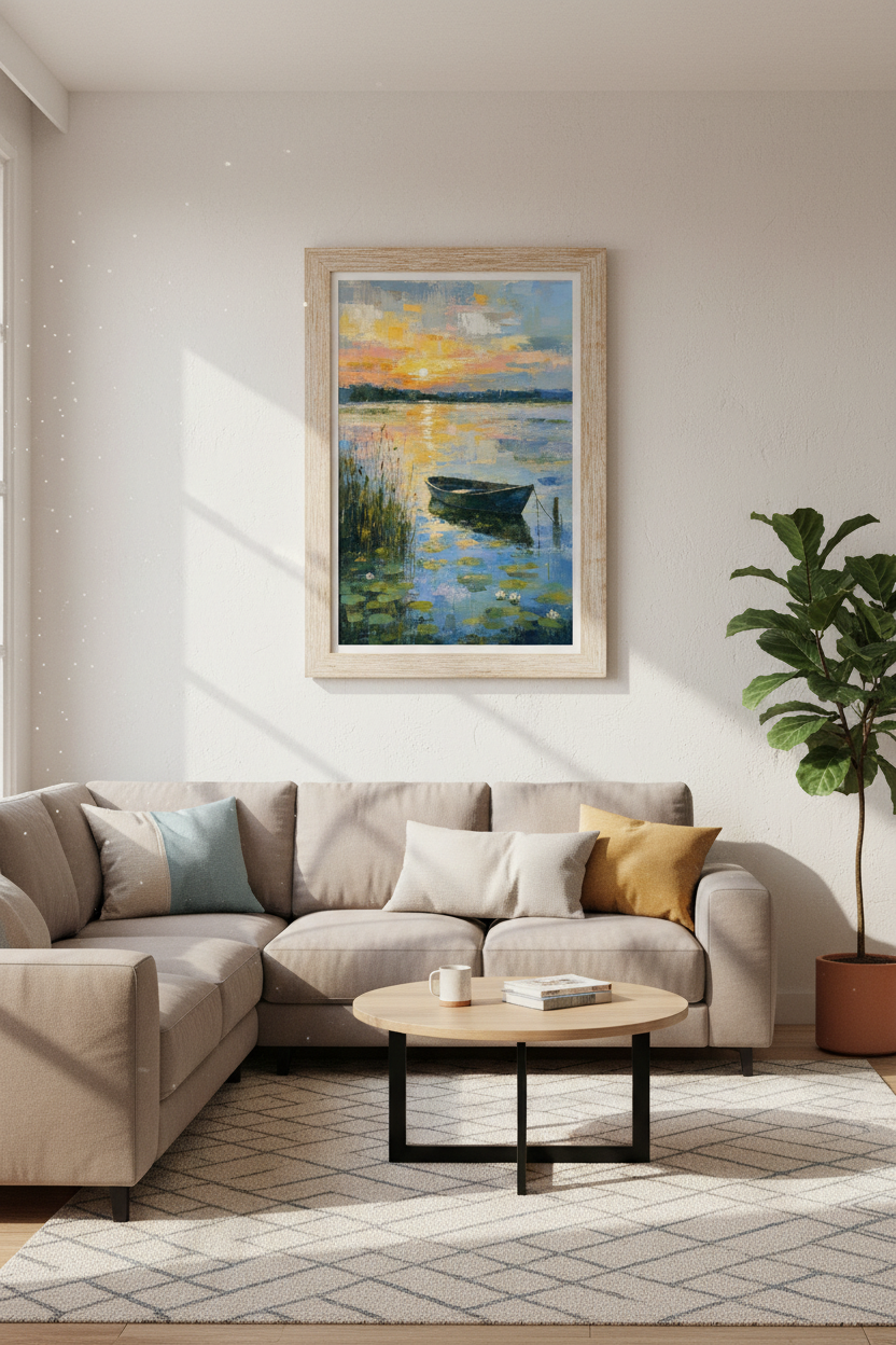 Abstract Sunset Boat Wall Art | Gold &amp; Blue Lake Decor | Impressionist Poster