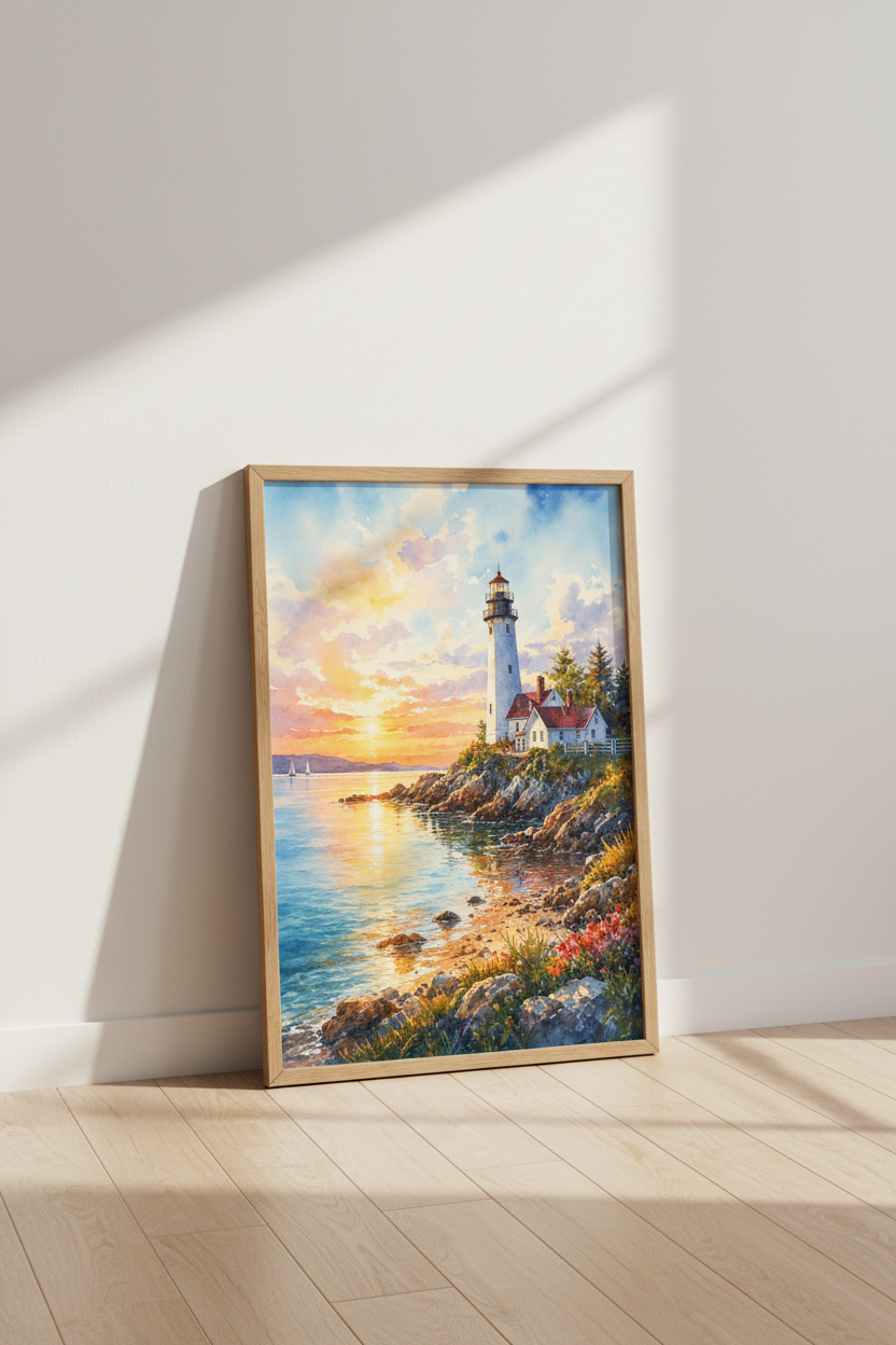 Lighthouse Sunset Watercolor Art | Coastal Landscape, Beach House Decor