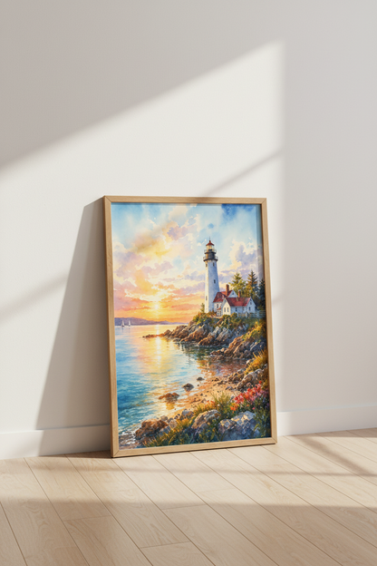 Lighthouse Sunset Watercolor Art | Coastal Landscape, Beach House Decor