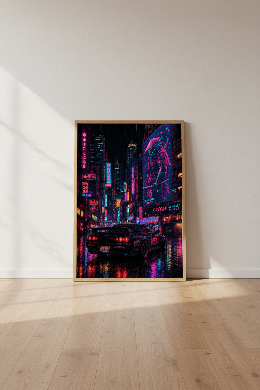 Cyberpunk Tokyo Car Wall Art | Neon City Samurai Decor | Synthwave Poster