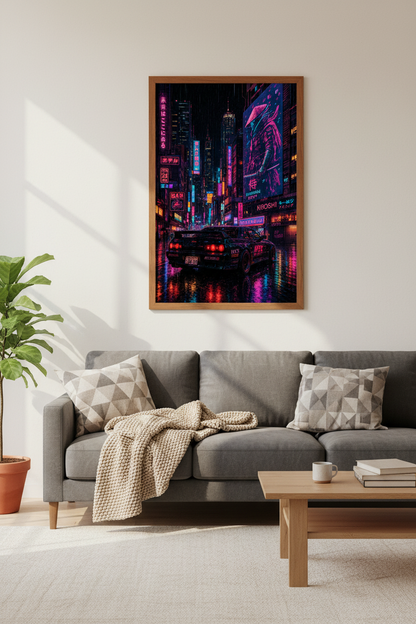 Cyberpunk Tokyo Car Wall Art | Neon City Samurai Decor | Synthwave Poster