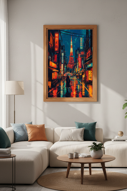 Tokyo Night Cityscape Wall Art | Neon Japan Street Poster, Living Room Decor