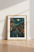 Japanese Village Wall Art | Ukiyo-e Moonlit River Poster, Zen Home Decor