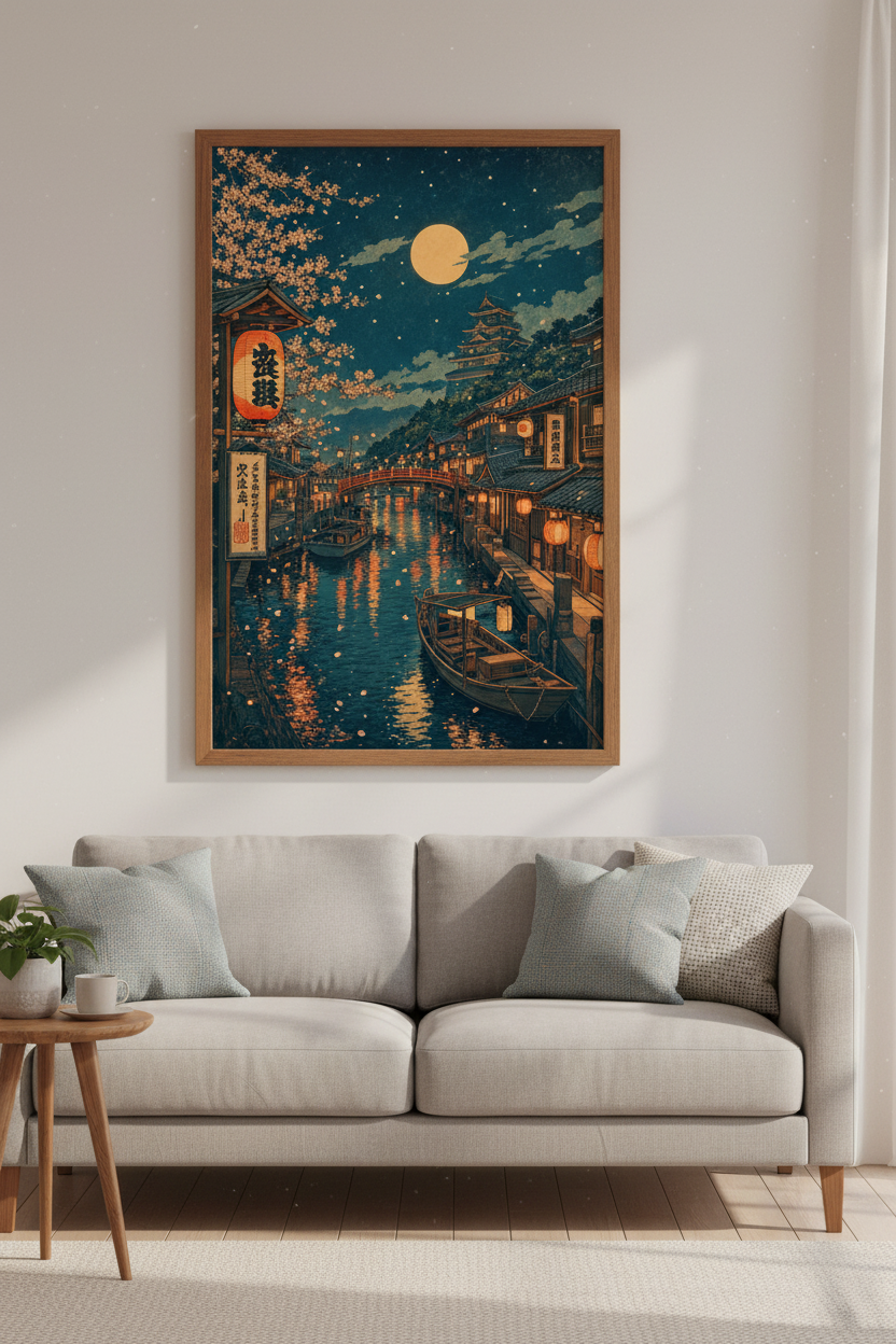 Japanese Village Wall Art | Ukiyo-e Moonlit River Poster, Zen Home Decor