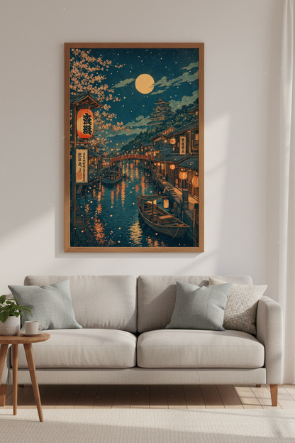 Japanese Village Wall Art | Ukiyo-e Moonlit River Poster, Zen Home Decor