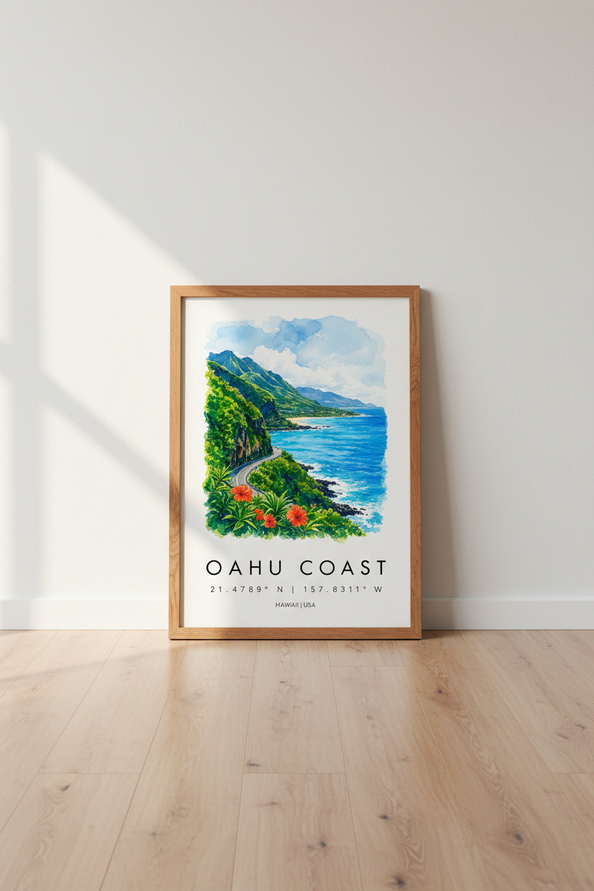 Oahu Hawaii Coast Watercolor Print | Beach Travel Poster, Tropical Home Decor