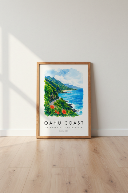 Oahu Hawaii Coast Watercolor Print | Beach Travel Poster, Tropical Home Decor