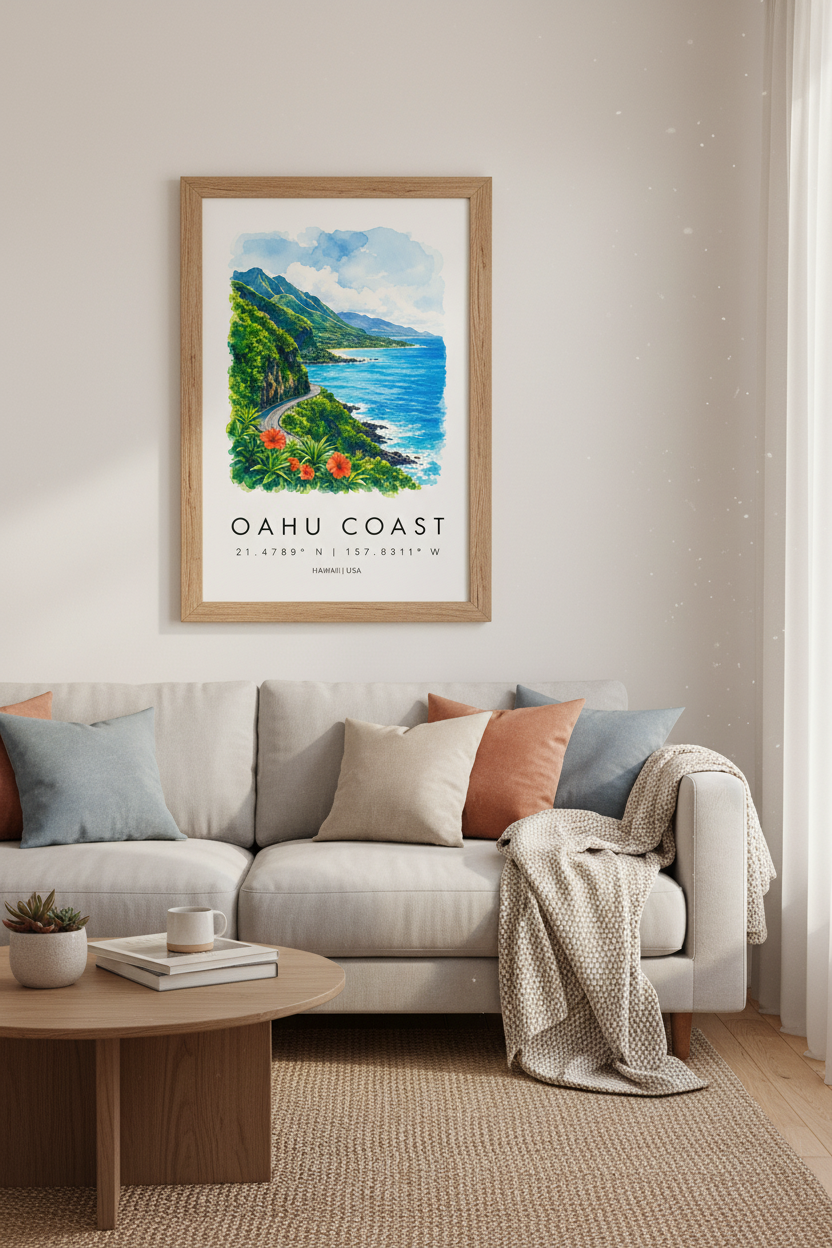 Oahu Hawaii Coast Watercolor Print | Beach Travel Poster, Tropical Home Decor