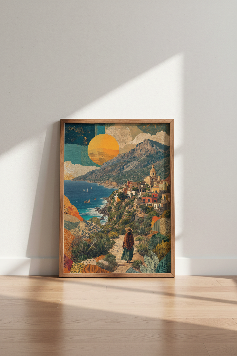 Amalfi Coast Mixed Media Art | Mediterranean Travel Poster, Boho Living Room Decor