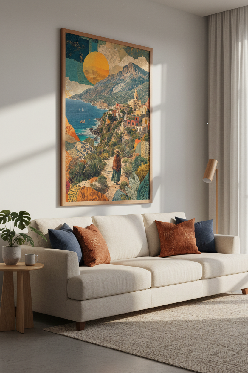 Amalfi Coast Mixed Media Art | Mediterranean Travel Poster, Boho Living Room Decor